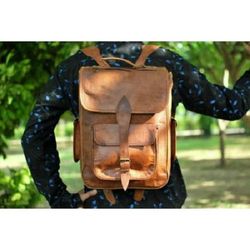 new men's large real vintage leather backpack brown travel rucksack bag laptop