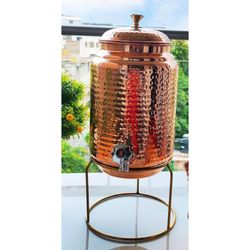 pure copper design joint free water pot dispenser container matka tank with brass stand, tap & knob, for storage & servi