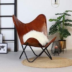 brown vintage leather arm butterfly chair | genuine tan leather butterfly chair