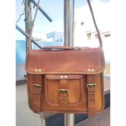 classic brown genuine goat leather men's vintage shoulder office satchel bag
