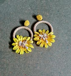 bohemian yellow beige floral statement hoop earrings