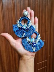 statement handmade beaded electric blue-black floral handwoven hoop earrings