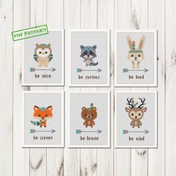 boho animals cross stitch pattern,tribal nursery,woodland animals,boy girl gender neutral cross stitch, forest friends