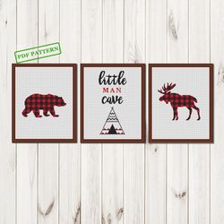 buffalo plaid cross stitch pattern animals bear moose little man cave modern baby nursery decor pdf pattern download