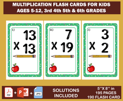 multiplication flash cards for kids ages 5-12, all facts 2-20 with answers, back to school, math- digital download