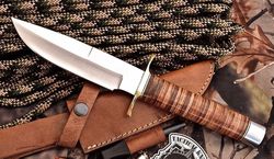 custom handmade d2 tool steel fixed blade full tang hunting knife with leather sheath, best men gifts for him