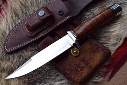 handmade d2 tool steel full tang fixed blade hunting survival spear point knife with leather sheath, best men gifts