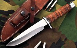 handmade d2 tool steel full tang fixed blade stacked leather handle classical bowie knife with leather sheath