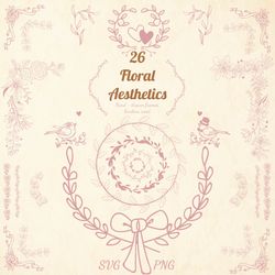 floral aesthetics, png borders, vintage frames, wedding crest, hand-drawn bouquet, line art clipart, victorian style