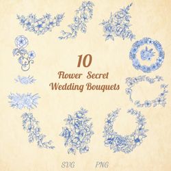 flower secret wedding bouquets, vintage frames, wedding crest, hand-drawn bouquet, line art clipart, victorian style