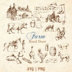 hand draw farm svg clipart - farm elements - hand drawn style - animals tools barn png - instant download