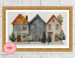 cross stitch pattern,scandinavian houses,cozy,pdf instant download,house,winterhouse,watercolor,european row house