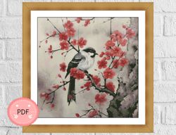 asian cross stitch pattern,little bird sitting on a tree,watercolor,asian landscape,pdf file,asian,forest and mountains