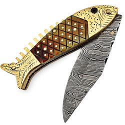 alfari trader handmade damascus steel folding knife - utility knife - with leather sheath highest quality