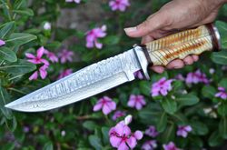 alfari handmade damascus steel 13" inches damascus steel hunting knife - camel bone & rose wood handle with damascus