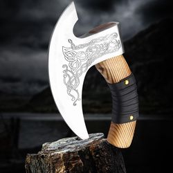 alfari 11" pizza cutter 10" cutting blade with carbon steel, leather sheath viking style chopping multi purpose ash wood