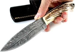 alfari feather pattern knife with leather sheath fixed blade hunting knives for men camping handle stag