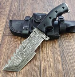 handmade damascus steel 10 inches tracker knife perfect grip black micarta handle sharp edge blade