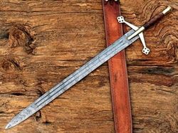 alfari handmade damascus steel long scottish claymore viking hiking sword with cow leather sheath