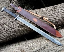 alfari damascus steel sword viking sword hunting decor sword full tang sword with leather sheath