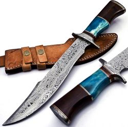 alfari handmade damascus steel 15 inches bowie knife solid marindi wood and bull horn bone handle with leather sheath
