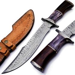 alfari handmade damascus steel fixed blade bowie knife with leather sheath full tang multipurpose knife outdooor camping