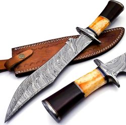 alfari handmade damascus steel 15 inches bowie knife rose wood bone & bull horn handle with scabbard viking camping