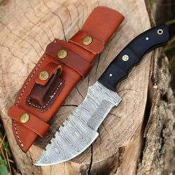 alfari 10 inch damascus steel hunting tracker knife with horizontal carry sheath fixed blade survival tactical full tang