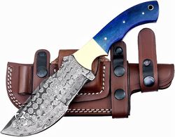 alfari 10 inch damascus steel hunting tracker knife with horizontal carry sheath fixed blade camping blue bone handle