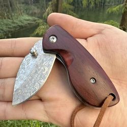 alfari mini drop point folding pocket knife hunting survival damascus steel rose wood outdoor camping viking hiking