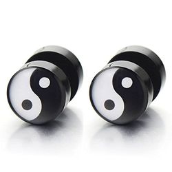 yin-yang stud black earrings for men women, stainless steel plug screw back, 2pcs