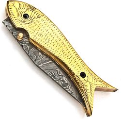 handmade damascus folding knife - custom pocket knife for camping fishing outdoor knife with sheath