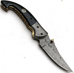 custom handmade damascus steel, bone handle, pocket knife, liner lock folding knife