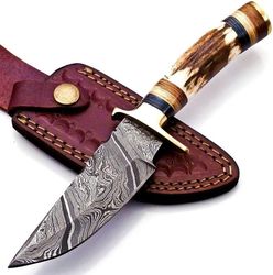 8 inch handmade damascus steel hunting knife handle deer antler w leather