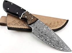 8.5 inch fixed blade black horn and rose wood custom handmade damascus knife