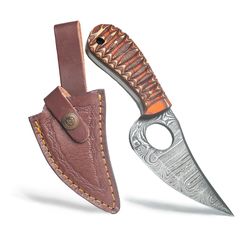 handmade damascus skinning hunting knife with leather sheath- for outdoor, hiking, camping- edc 6.5" fixed blade hunting