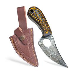 handmade damascus skinning hunting knife with leather sheath- for outdoor, hiking, camping- edc 6.5" fixed blade knife
