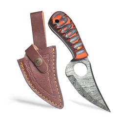 handmade damascus skinning h knife with leather sheath- for outdoor, hiking, camping- edc 6.5" fixed blade knife