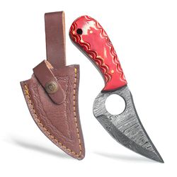 handmade damascus predator hunter knife with custom leather sheath - for skinning, camping, outdoor