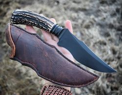 custom handmade stag horn hunting knife with leather sheath..!!!!!!