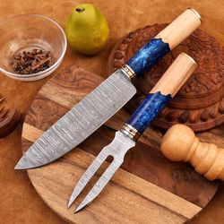 handmade bbq 2pcs knives set, damascus steel blade, outdoor camping knife, gift for father, birthday gift