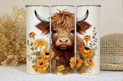 seamless highland cow tumbler wrap, 20oz skinny sublimation tumbler design, highland cow sublimation design png, floral