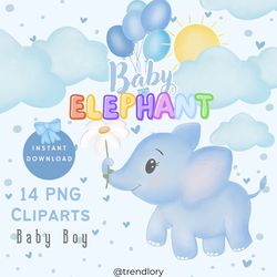 baby elephant boy png clipart, instant download, baby sublimation, pastel, sun, balloons, rainbow, nursery, baby shower