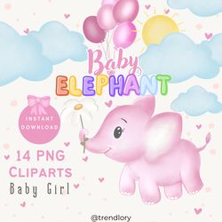 baby elephant girl png clipart, instant download, baby sublimation, pastel, sun, balloons, rainbow, nursery, baby shower