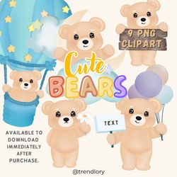 teddy bears png clipart, baby sublimation, cute teddy bear clipart, bear with balloons