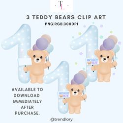 teddy bear with balloons & banner png, teddy bear clipart, first birthday, birthday bear sublimation, 1st birthday