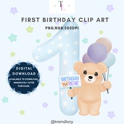 teddy bear with balloons, bear with banner png, teddy bear clipart, first birthday, birthday bear sublimation