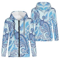 paisley blue print pattern women's jackets hoodie zippered sweater graphic sweatshirts hoodies windproof coat