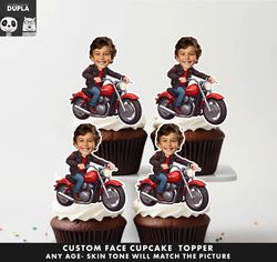 motorcycle cupcake toppers - face cupcake topper -personalized face- cupcake topper- birthday party topper