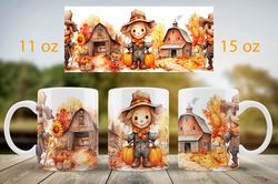 fall mug wrap, fall mugs sublimation, png sublimation design, scarecrow mug png, full wrap design